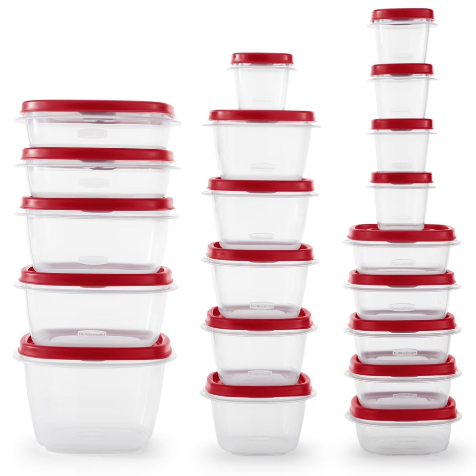 Rubbermaid 42-piece containers with clear bases for easy content identification