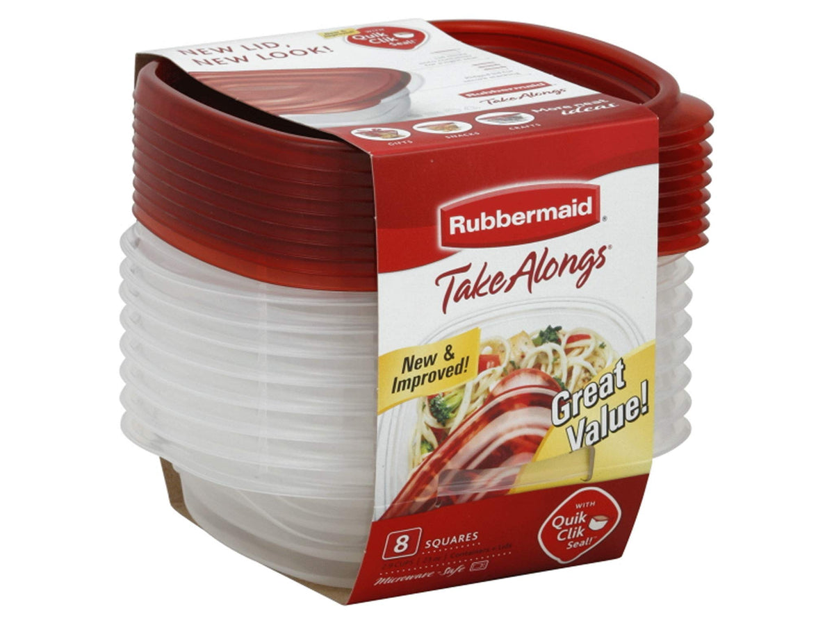 Rubbermaid 7F58 TakeAlongs sandwich set with red lids and clear bases for easy viewing and organized lunches.