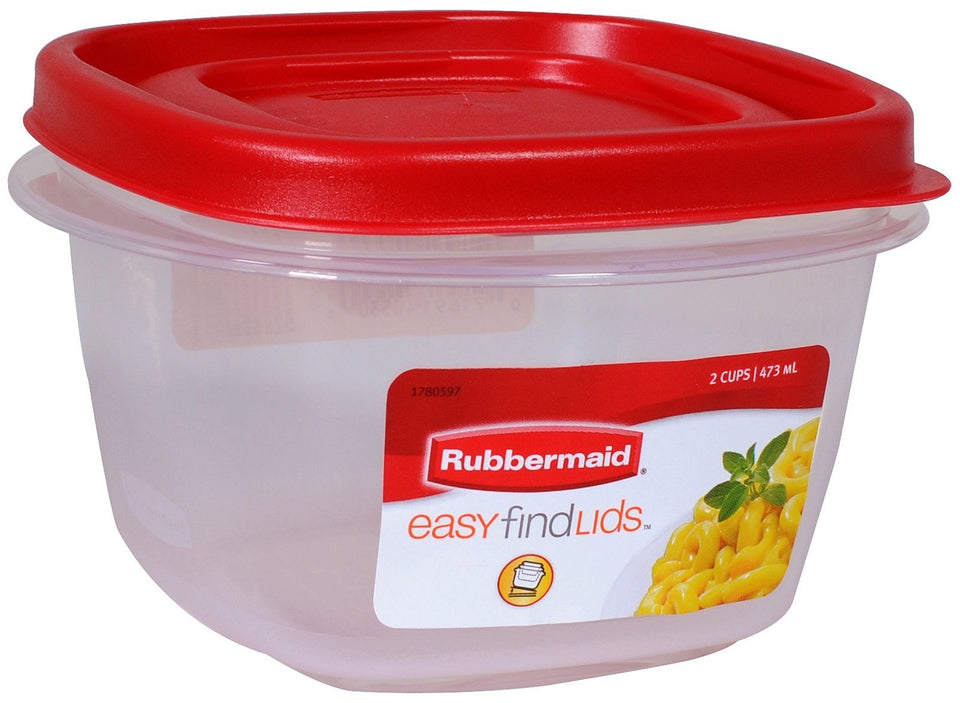 Rubbermaid 7J60 Easy Find Lid on square containers shows lid-and-base pairing for quick storage.