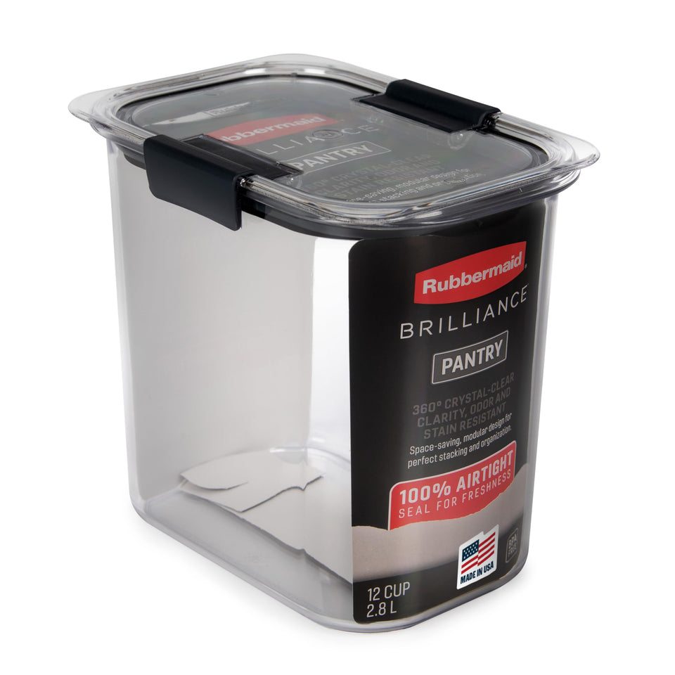 Rubbermaid Brilliance 12-Cup Airtight Container shows a clear view for organized pantry and freshness.