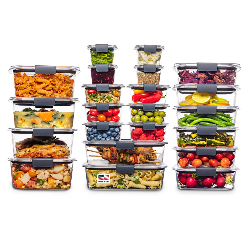Rubbermaid Brilliance 44-piece set neatly arranged for meal prep and leftovers.