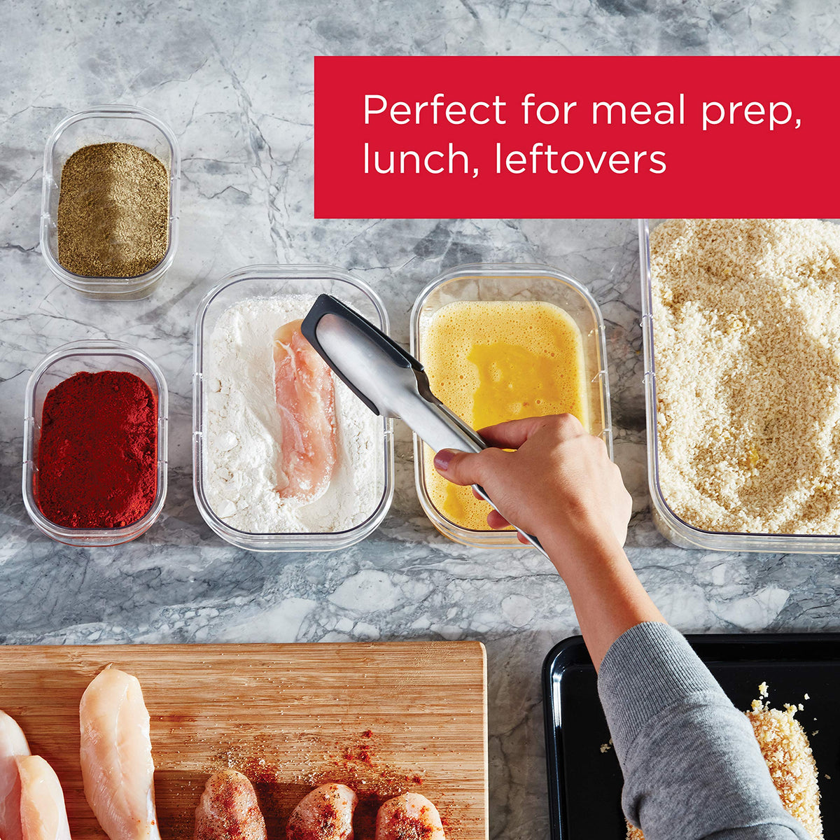 Rubbermaid Brilliance crystal-clear containers stacked for neat fridge storage