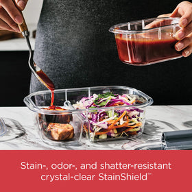 Two-compartment Brilliance container with vented lid for microwave reheating