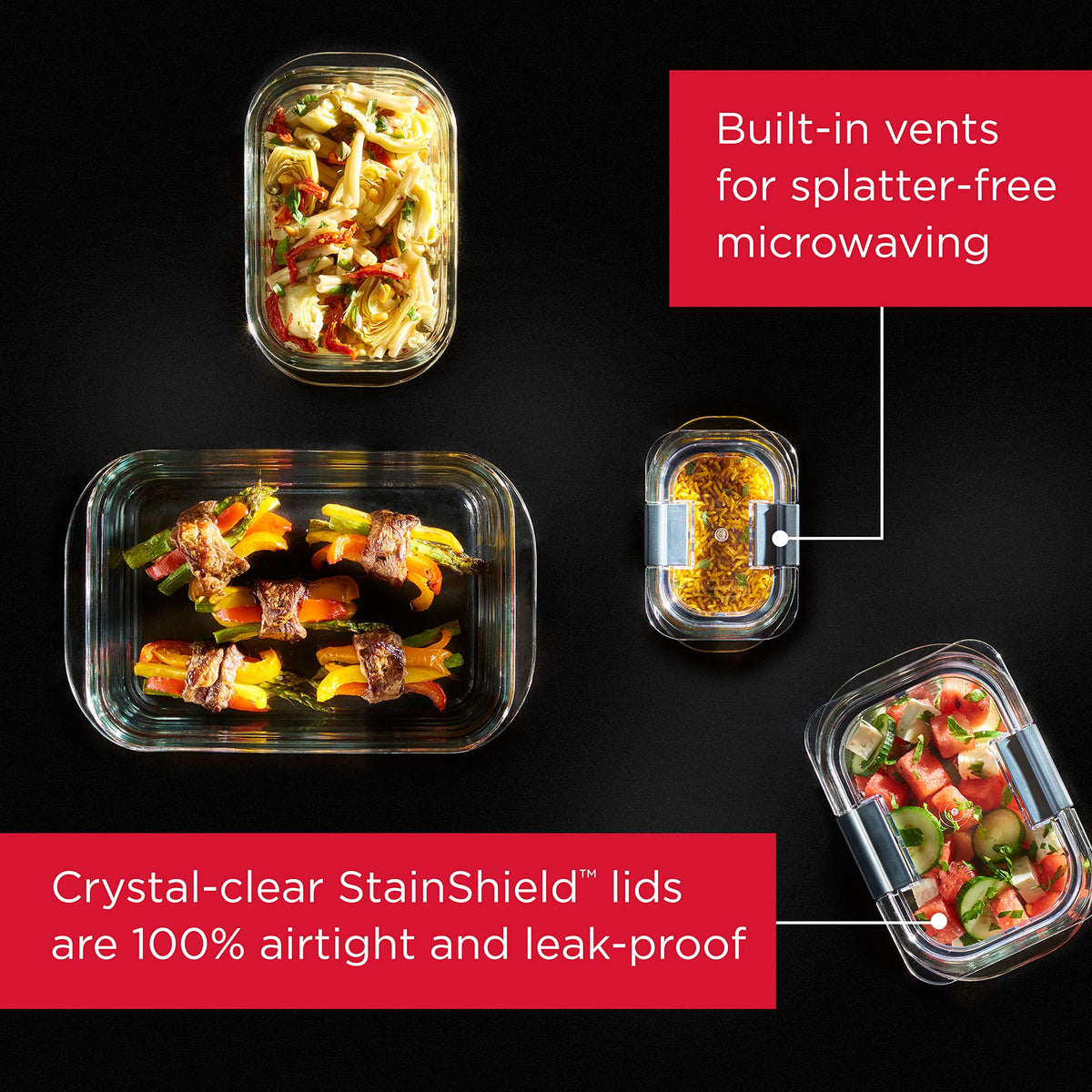 Rubbermaid Brilliance microwave-vented lid enabling splatter-free reheating