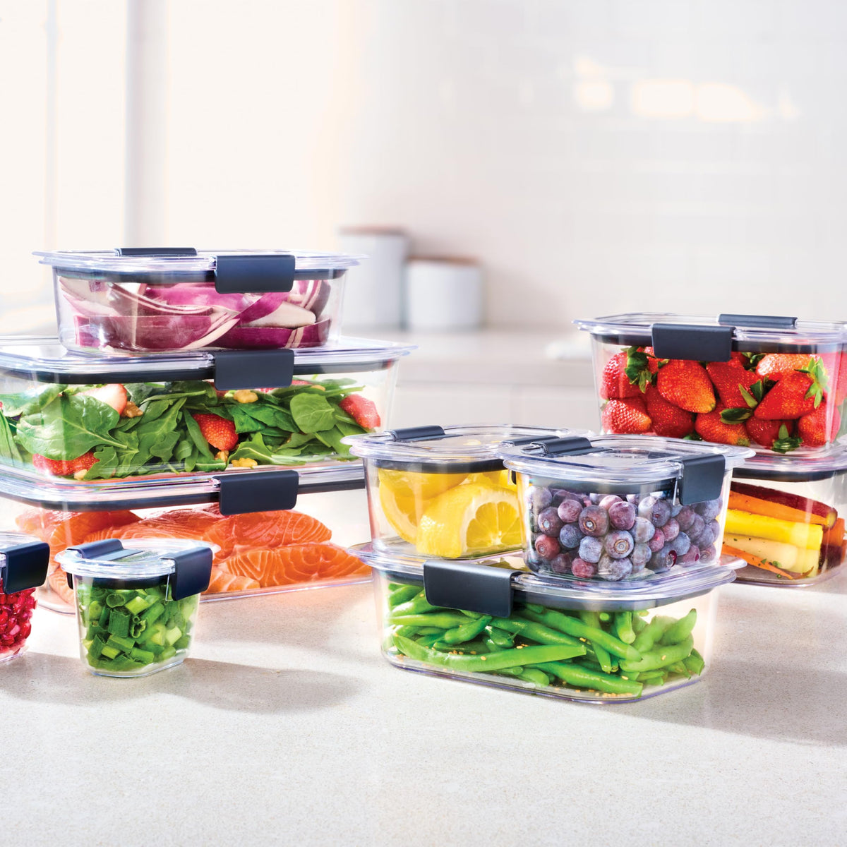 Rubbermaid Brilliance pantry-friendly containers for pastas and baking ingredients.