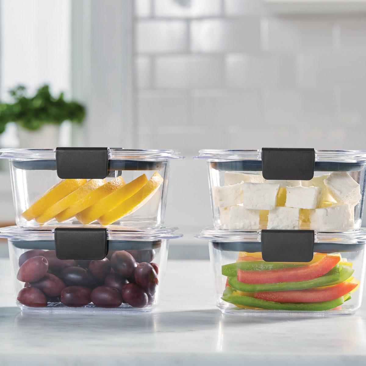 Rubbermaid Brilliance stackable design saves fridge and pantry space.