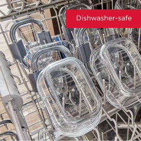 Rubbermaid Brilliance stackable design saves fridge and cabinet space.