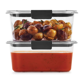 Stacked Rubbermaid Brilliance containers saving fridge space.