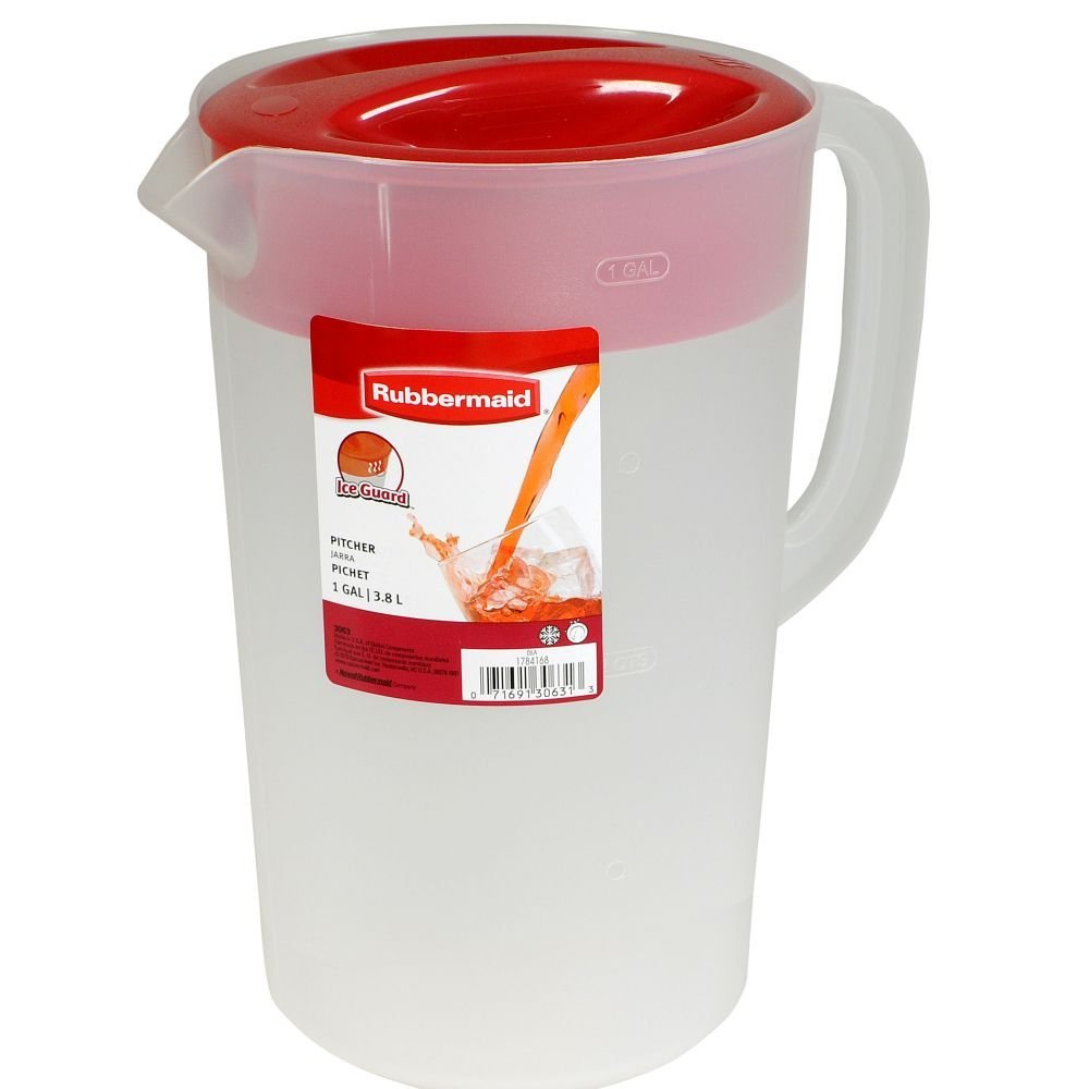 Rubbermaid Clear Pitcher 1 gallon with red lid for family beverages and easy pouring.
