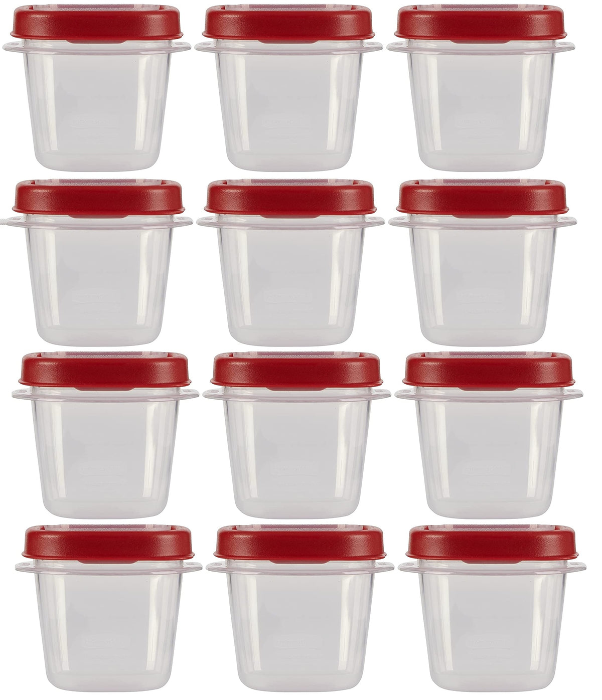 Rubbermaid Easy Find Lids 0.5 cup container with clear body and red lid for quick organization.