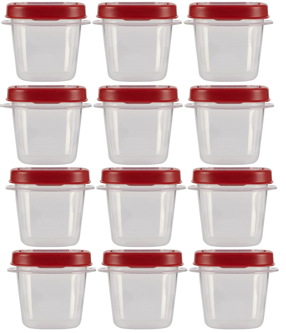 Rubbermaid Easy Find Lids 0.5 cup container with clear body and red lid for quick organization.