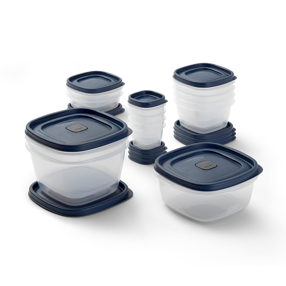 Rubbermaid Easy Find Lids blue containers stacked for space saving