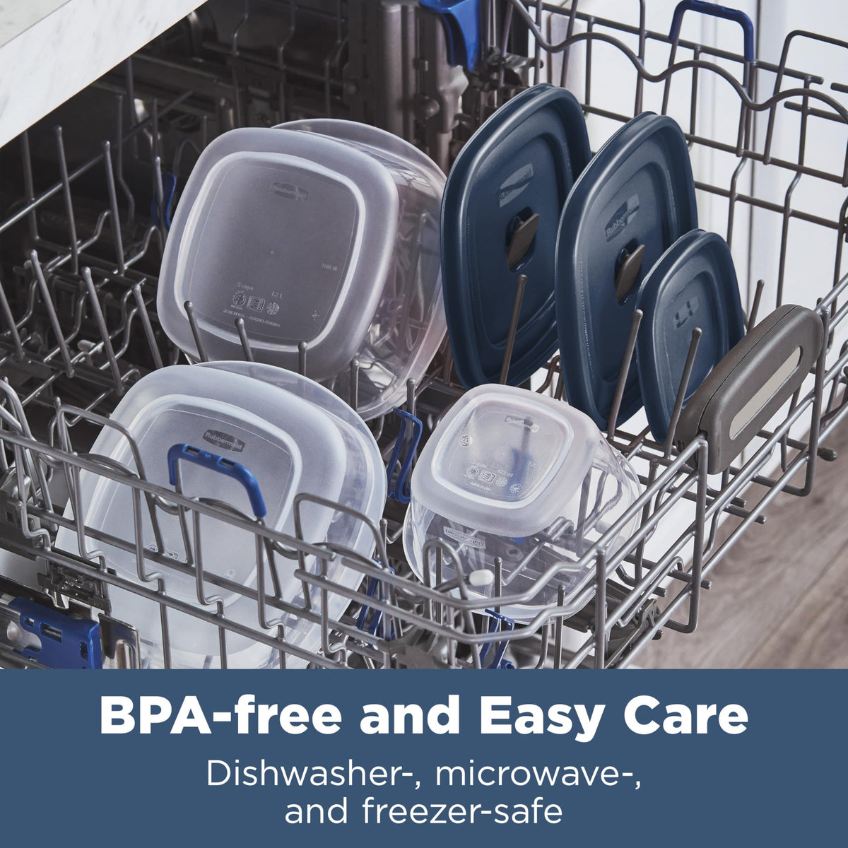 Rubbermaid Easy Find Lids blue containers are dishwasher safe for easy cleanup