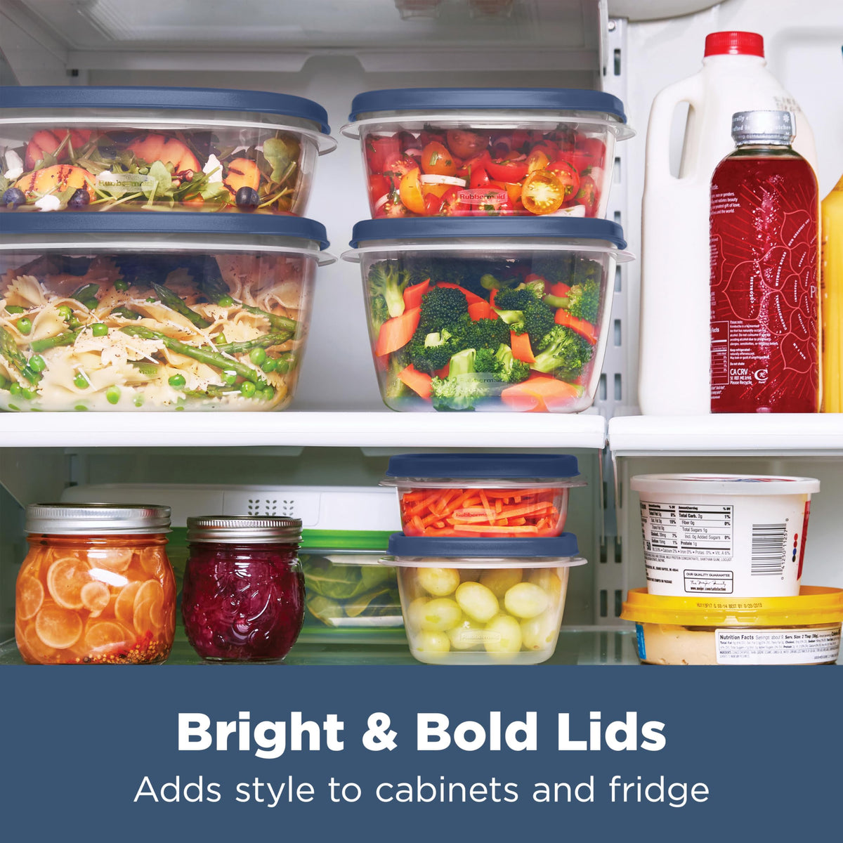 Rubbermaid Easy Find Lids blue lids snapping to containers for quick organization