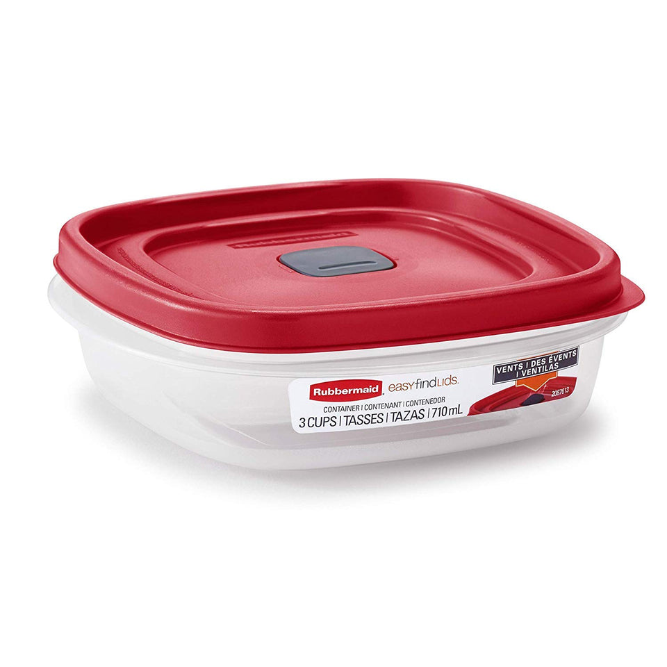 Rubbermaid Easy Find vented lid 3-cup container for spill-free microwaving.
