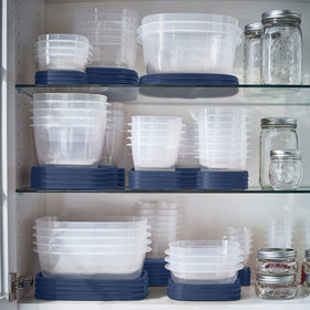 Rubbermaid EasyFindLids Insignia Blue 42-piece set boosts kitchen organization.
