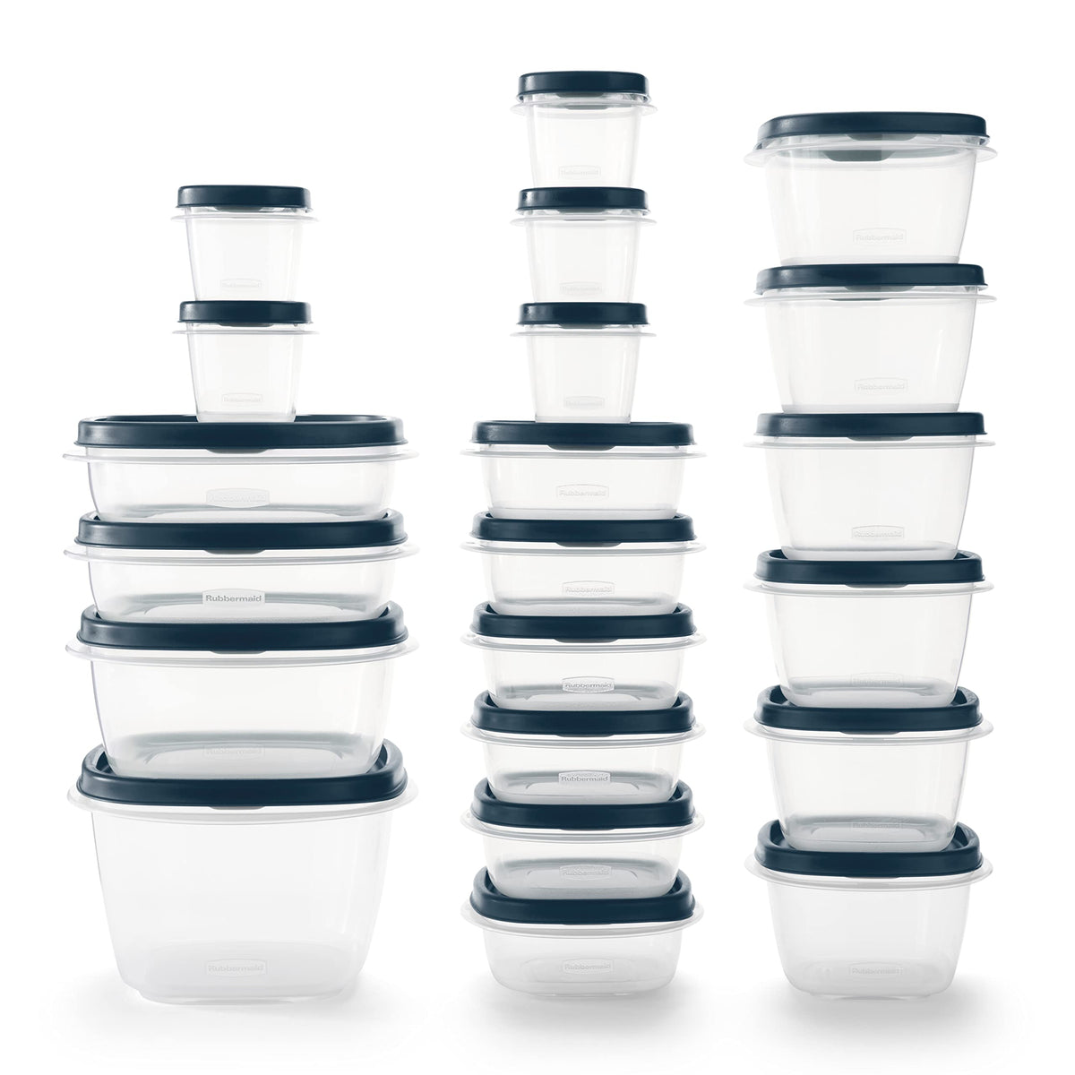 Rubbermaid EasyFindLids Insignia Blue containers stacked to save fridge space.