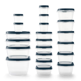 Rubbermaid EasyFindLids Insignia Blue containers stacked to save fridge space.