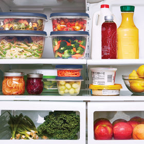 Rubbermaid EasyFindLids Insignia Blue freezer-safe containers safeguard leftovers.