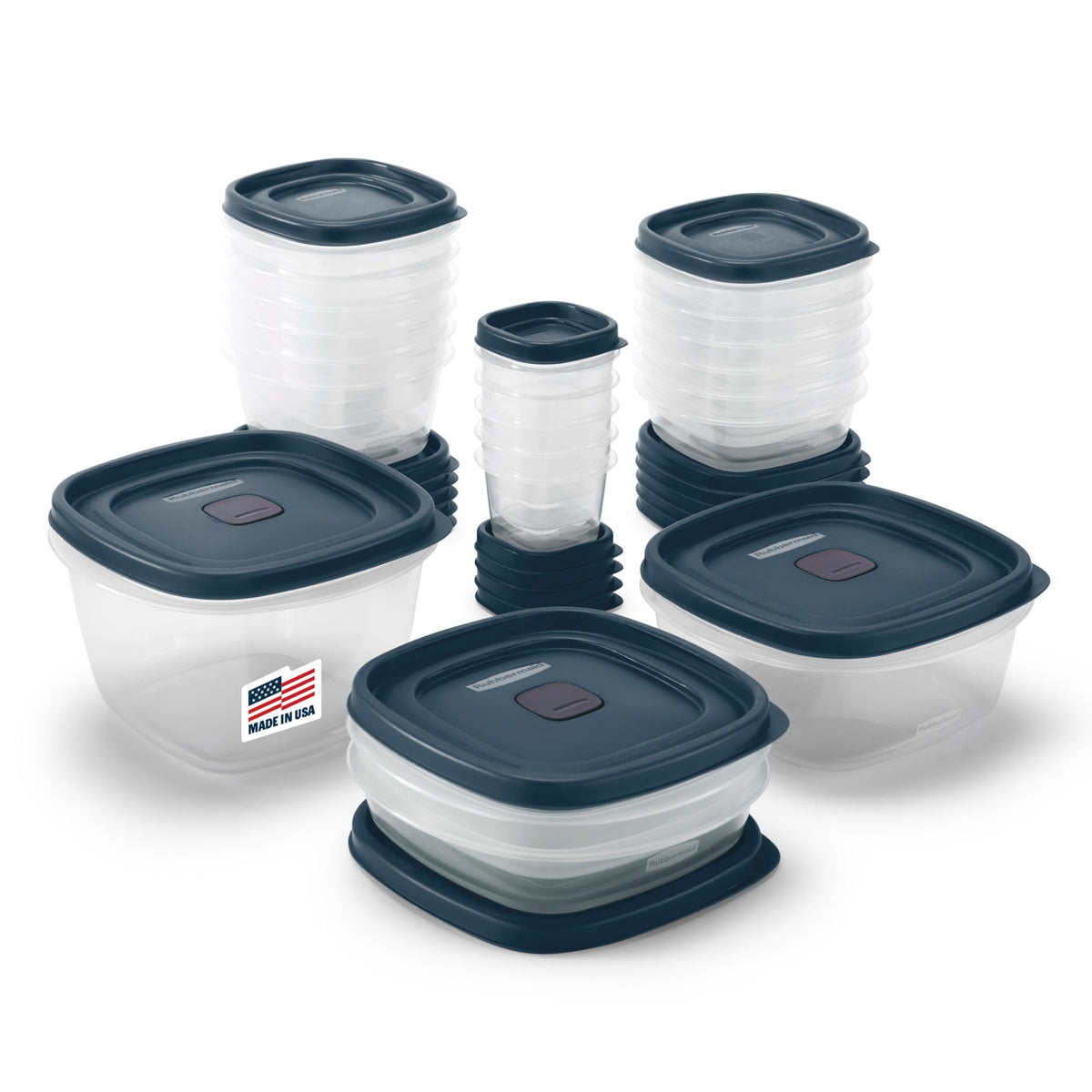 Rubbermaid EasyFindLids Insignia Blue lids nest to reduce cabinet clutter.