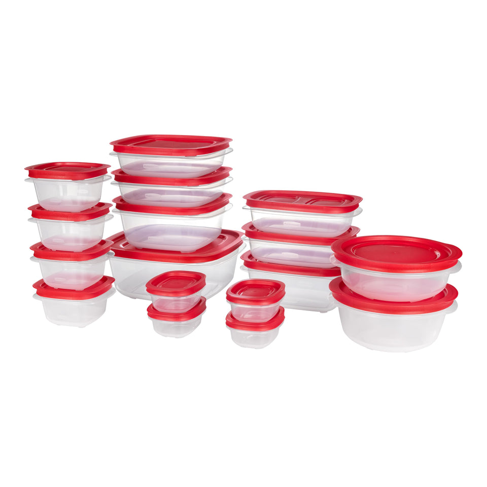 Rubbermaid EasyStore stacked rectangle containers save space and organize the pantry.