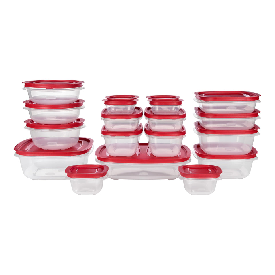 Rubbermaid EasyStore stackable containers with lids for organized fridge storage.