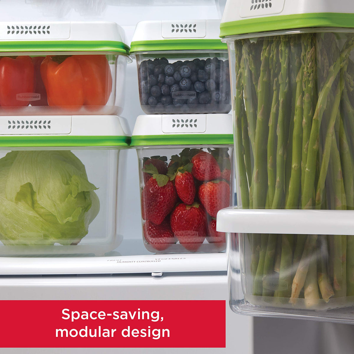 Rubbermaid FreshWorks large container with lettuce showing space-saving storage.