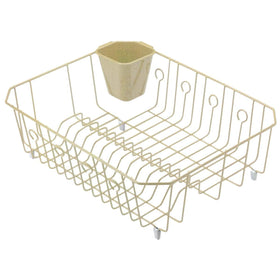 Rubbermaid chrome twin-sink dish drainer keeps countertops clean while air-drying dishes.