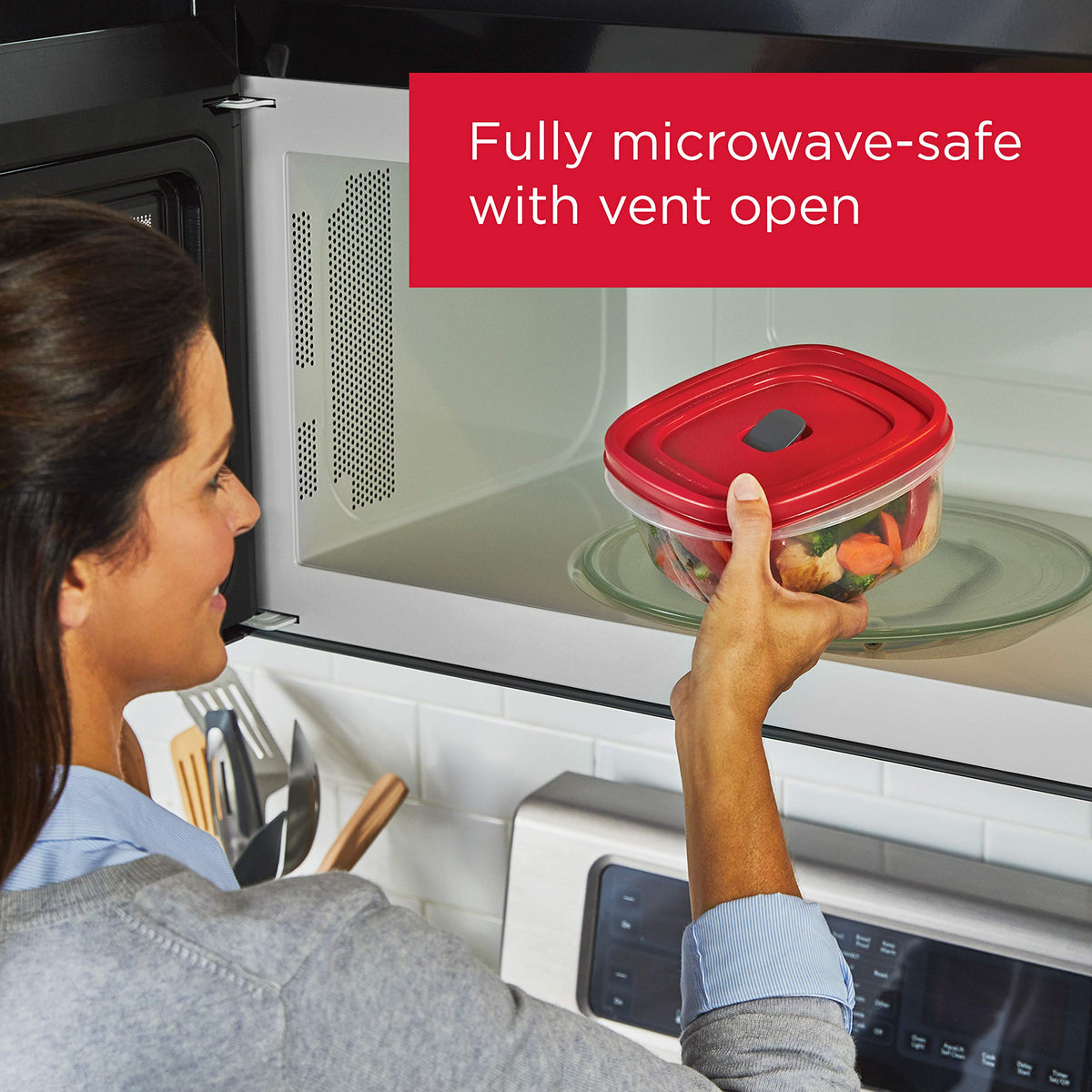 Rubbermaid microwave-safe container with built-in vents to reduce splatters