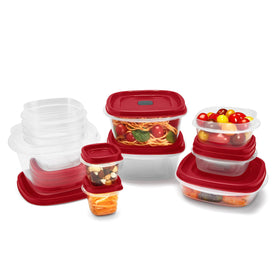 Rubbermaid modular stackable containers designed for compact fridge and cabinet storage.