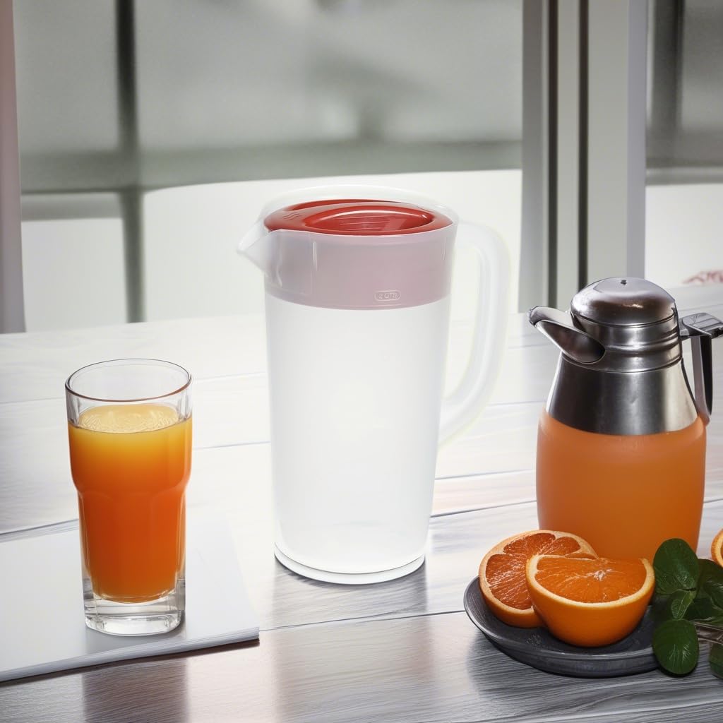 Rubbermaid 2-qt Racer Red pitcher shows large handle for comfortable lifting