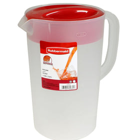 Rubbermaid pitcher with red lid showing open pour spout for quick pouring