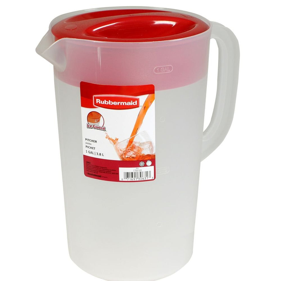 Rubbermaid pitcher with red lid showing open pour spout for quick pouring