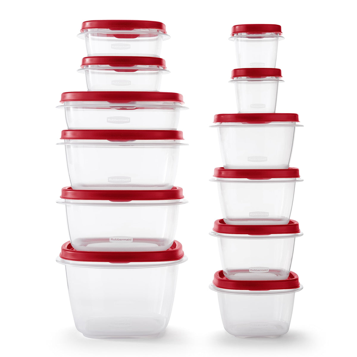 Rubbermaid rectangular food containers with clear lids for quick viewing and stacking.