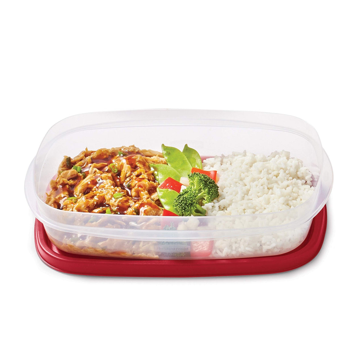 Rectangular Rubbermaid meal prep containers stack neatly to save fridge space