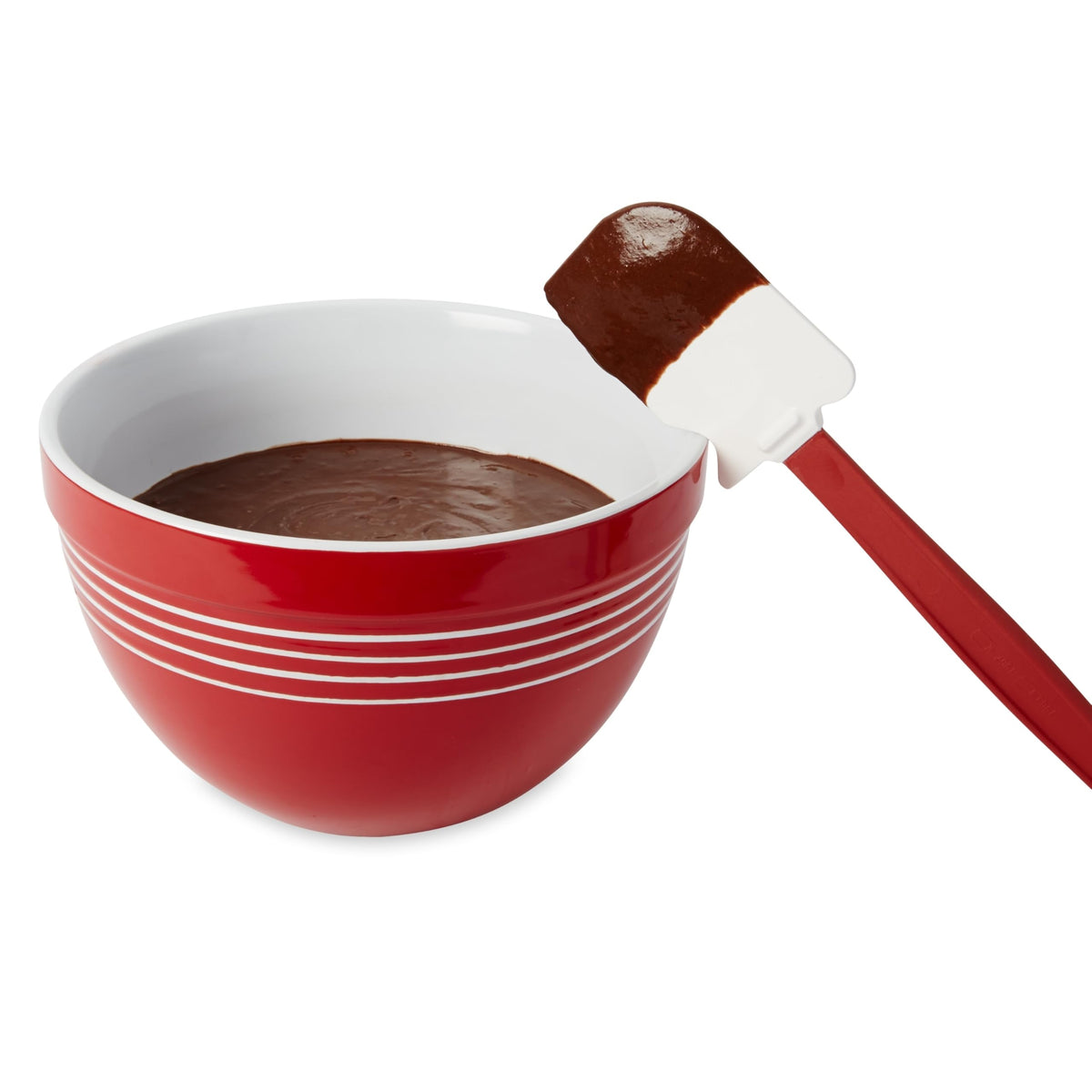 Rubbermaid silicone spatula with flexible blade for thorough bowl scraping.