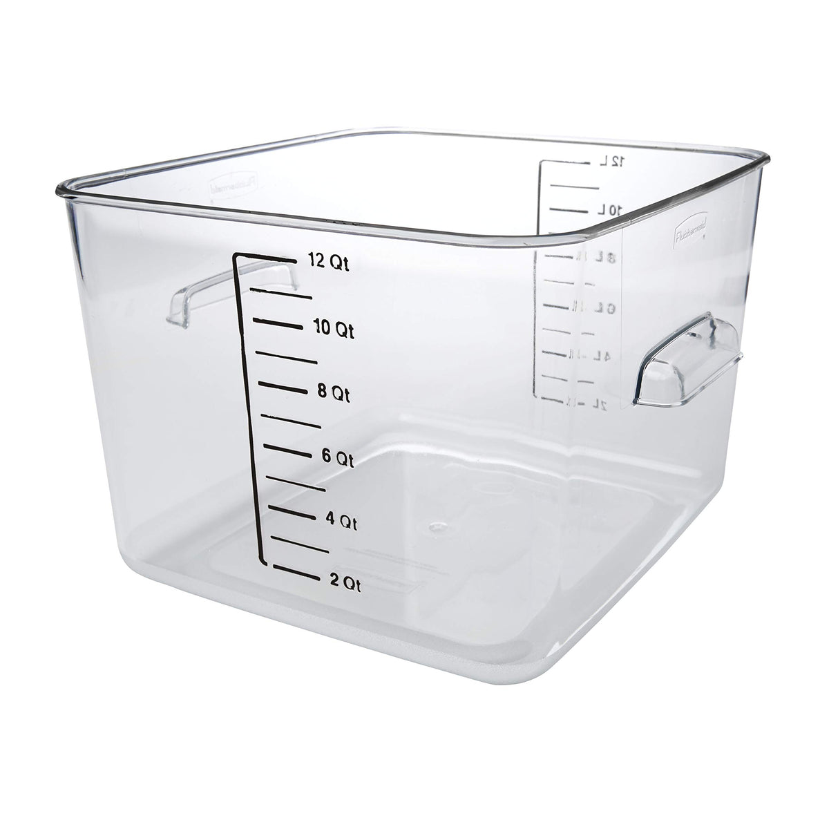 Rubbermaid 12-quart space-saving square container, clear body for easy visibility.