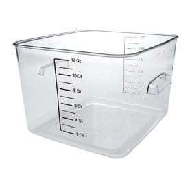 Rubbermaid 12-quart space-saving square container, clear body for easy visibility.