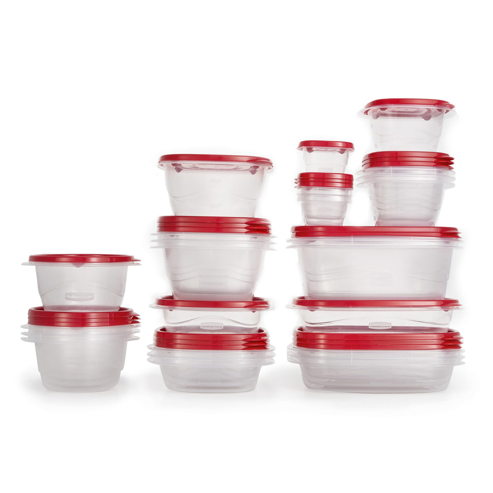 Rubbermaid TakeAlongs 26-piece set of clear rectangle containers with secure lids for meal prep and leftovers.