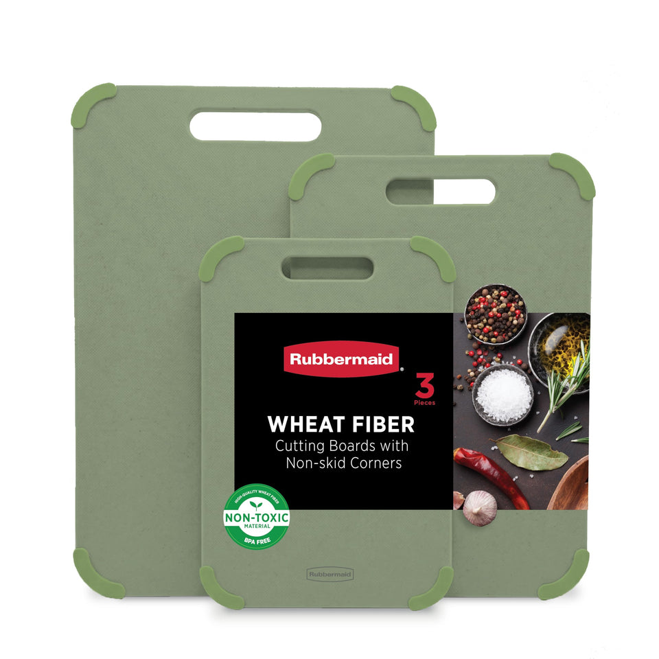 Rubbermaid three-piece cutting-board set large on counter for spacious meal prep.