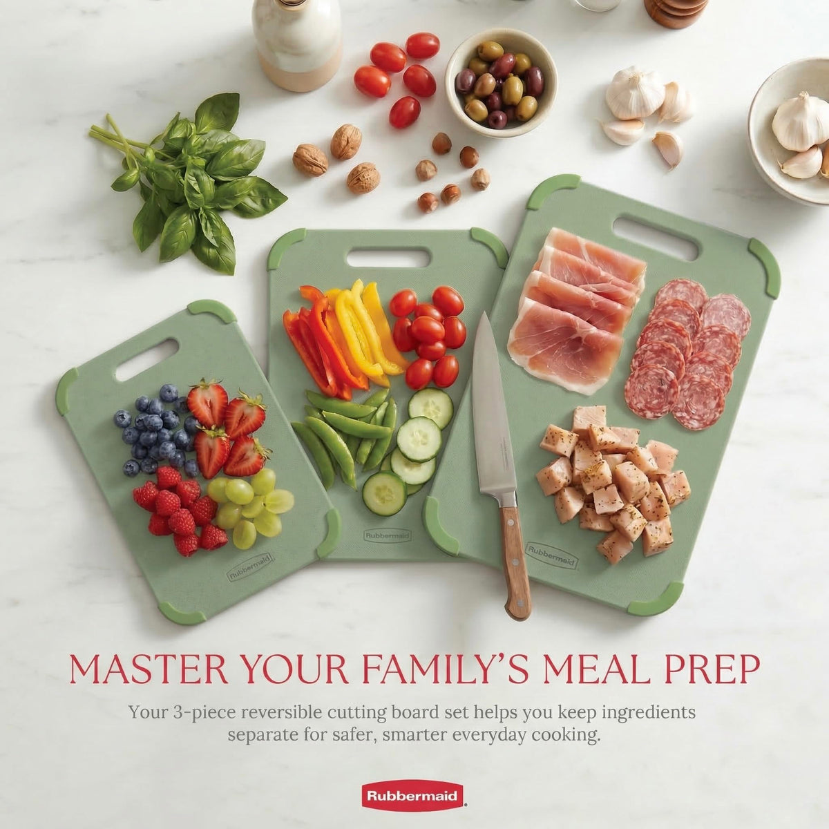 Rubbermaid three-piece cutting-board set medium on counter ideal for mid-size chopping.