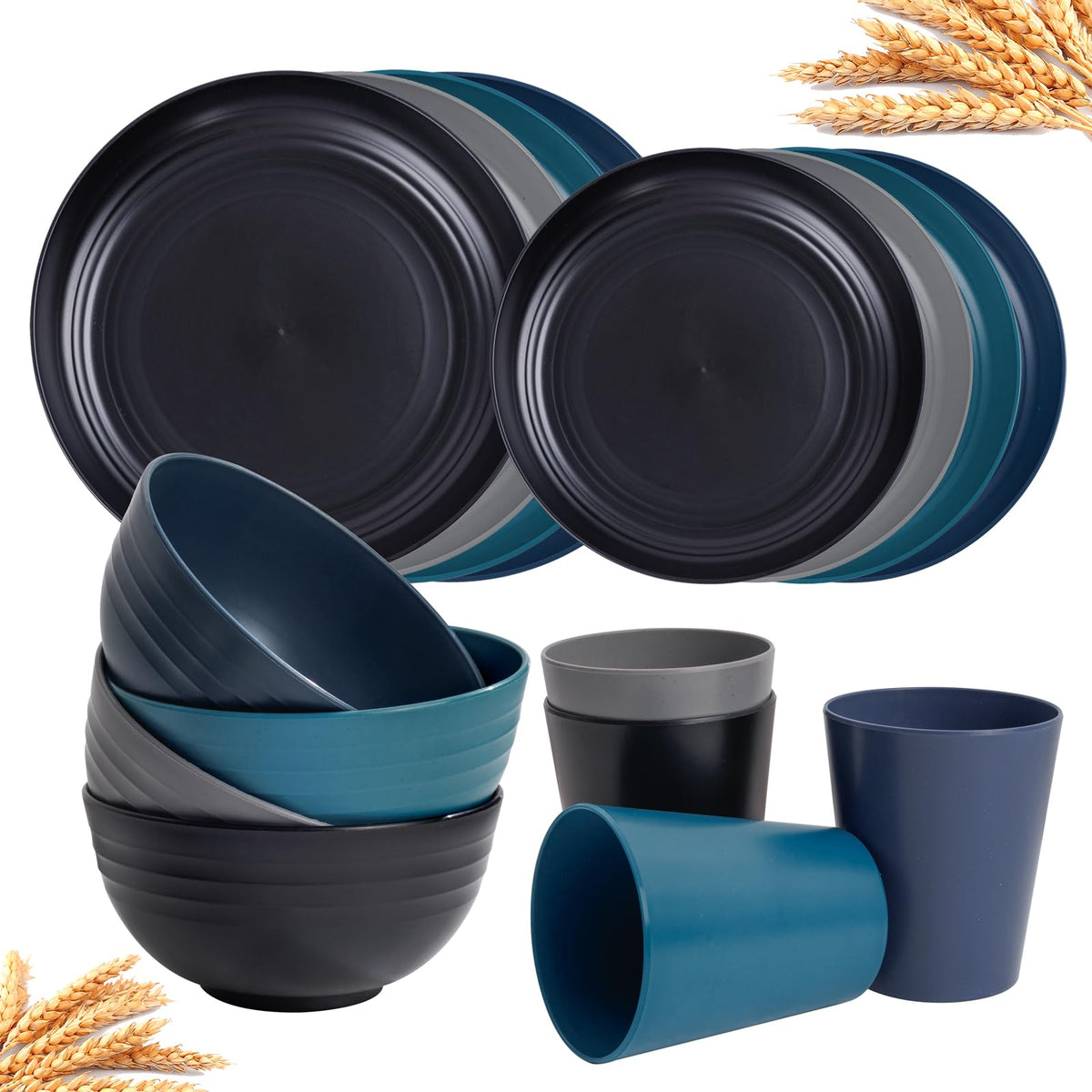 Rubtlamp 16Pcs wheat straw dinnerware set on table in four colors for family meals