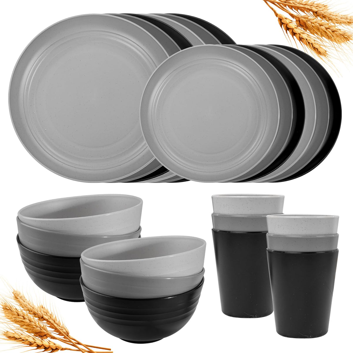 Rubtlamp 24-piece kitchen dinnerware set for everyday meals with durable plastic plates.