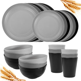 Rubtlamp 24-piece kitchen dinnerware set for everyday meals with durable plastic plates.