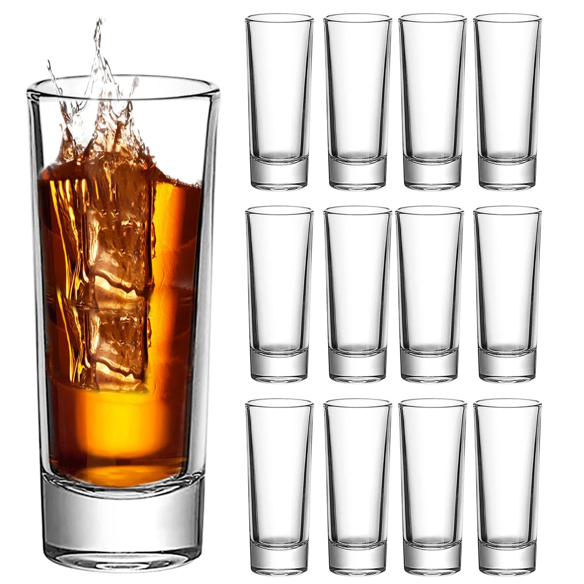 Ruckae 12-pack 2 oz shot glasses with heavy bases for stable pours.