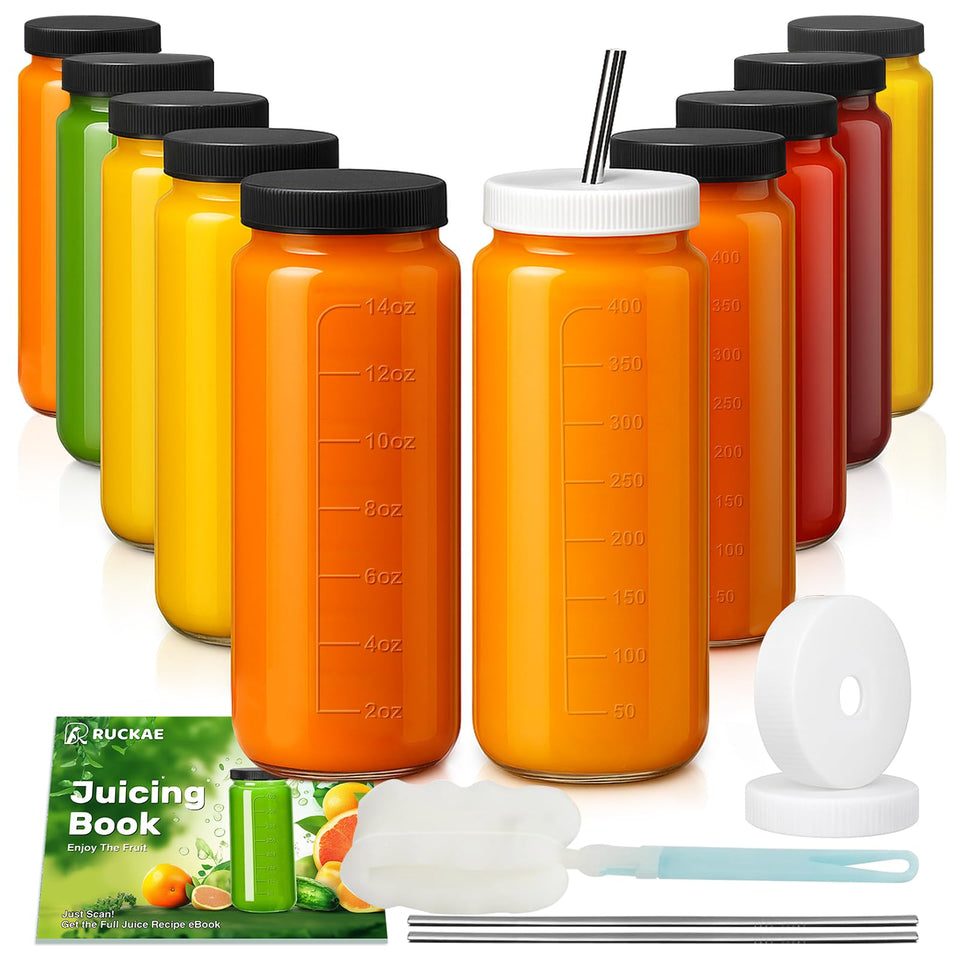 Ruckae 16oz juice bottle with clear glass and lid for fresh juice on the go