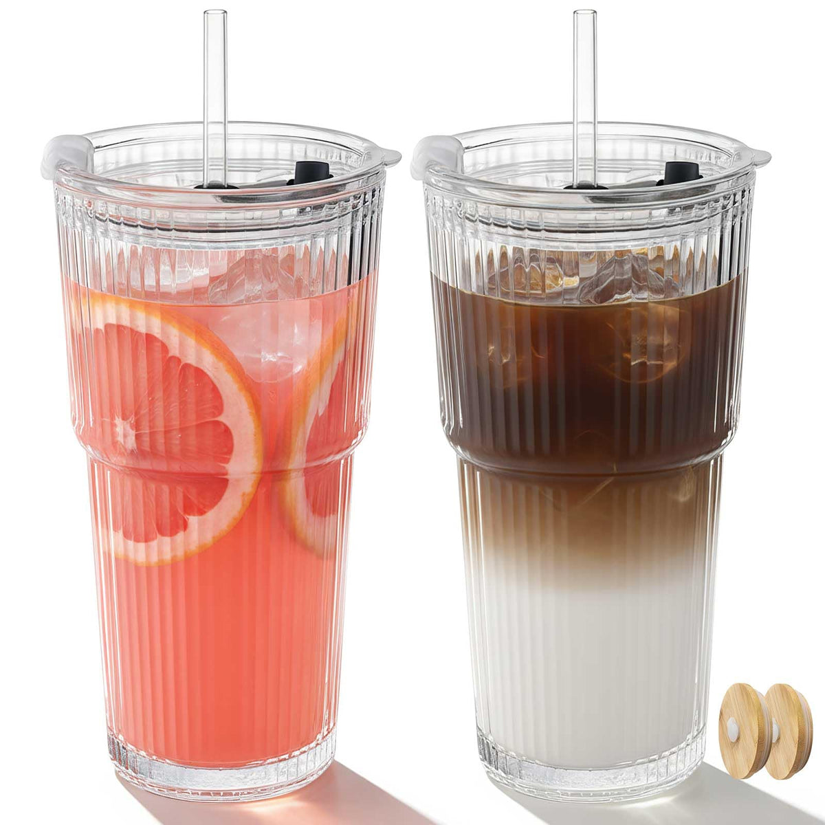 Ruckae 20oz ribbed tumbler with bamboo lid for everyday coffee.