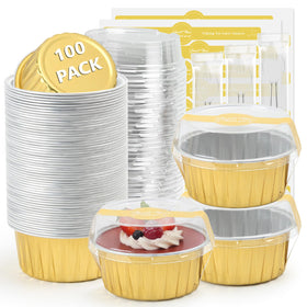 Ruckae 5oz round mini loaf pans with lids in gold, ideal for individual party servings.