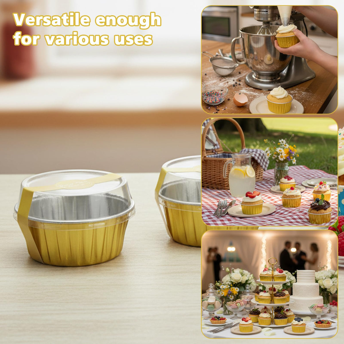 Ruckae disposable aluminum ramekins, recyclable dessert cups for eco-friendly events.