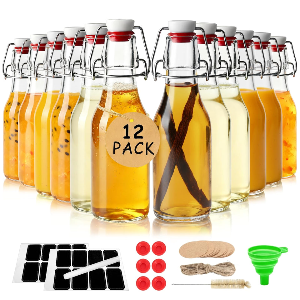 Ruckae swing-top bottle with lid showing 8.5 oz capacity for fresh beverages.